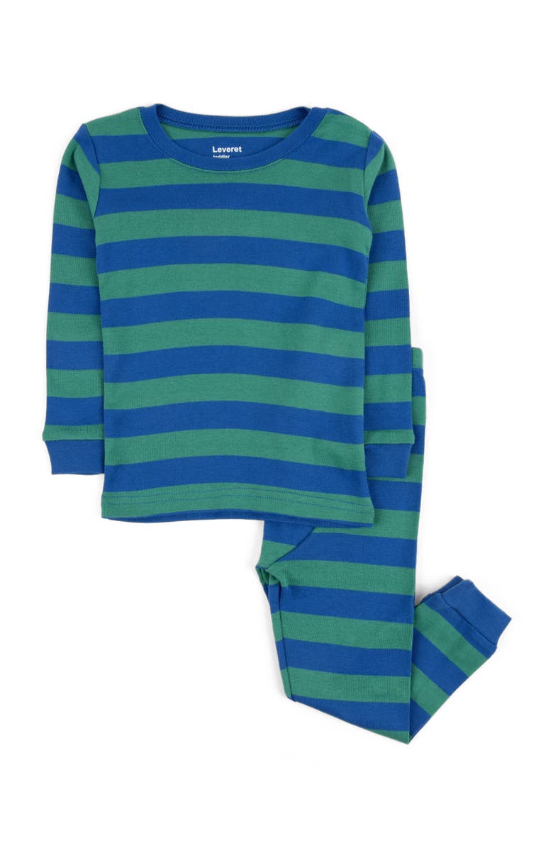 Leveret Kids Cotton Two-Piece Pajamas, Stripes, Solids & Tie Dye, Main, color, Striped Blue & Green