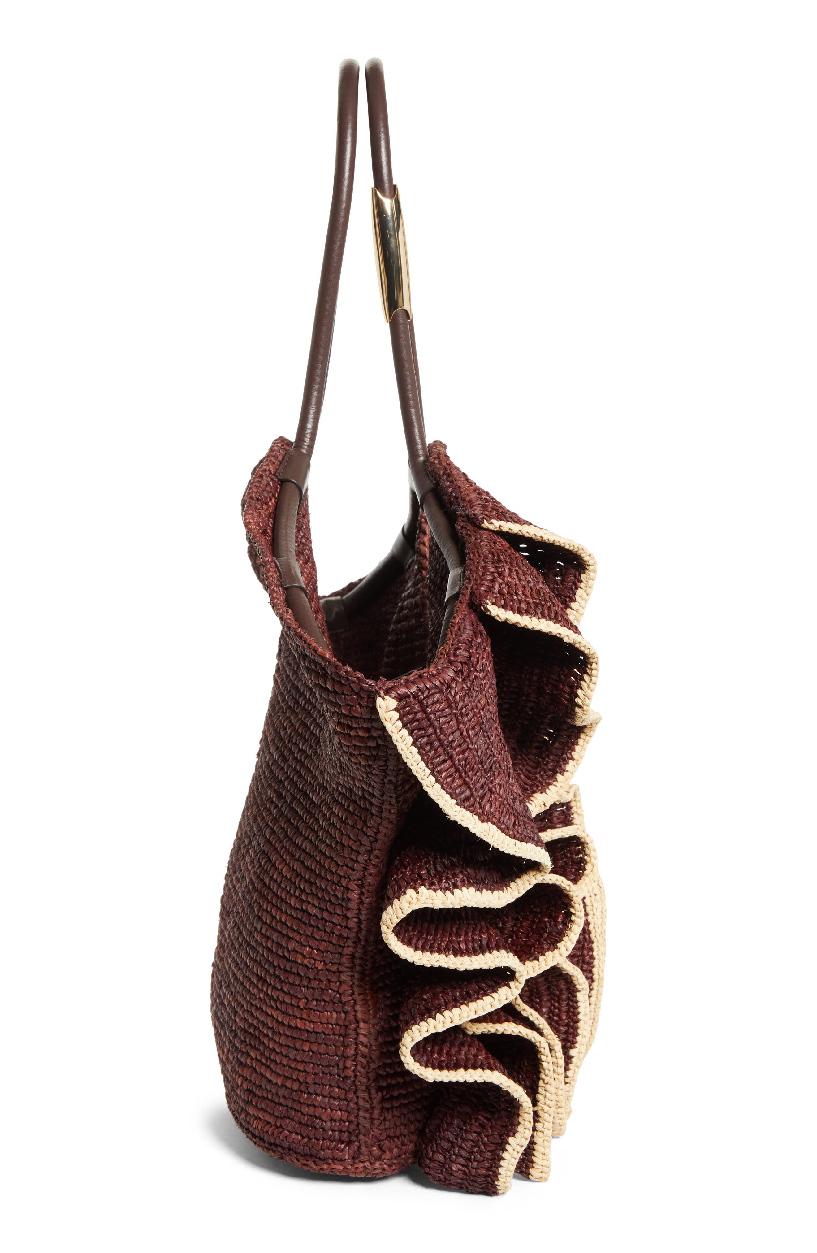 Medium Goldentime Ruffle Raffia Tote, Alternate, color, CHOCOLATE