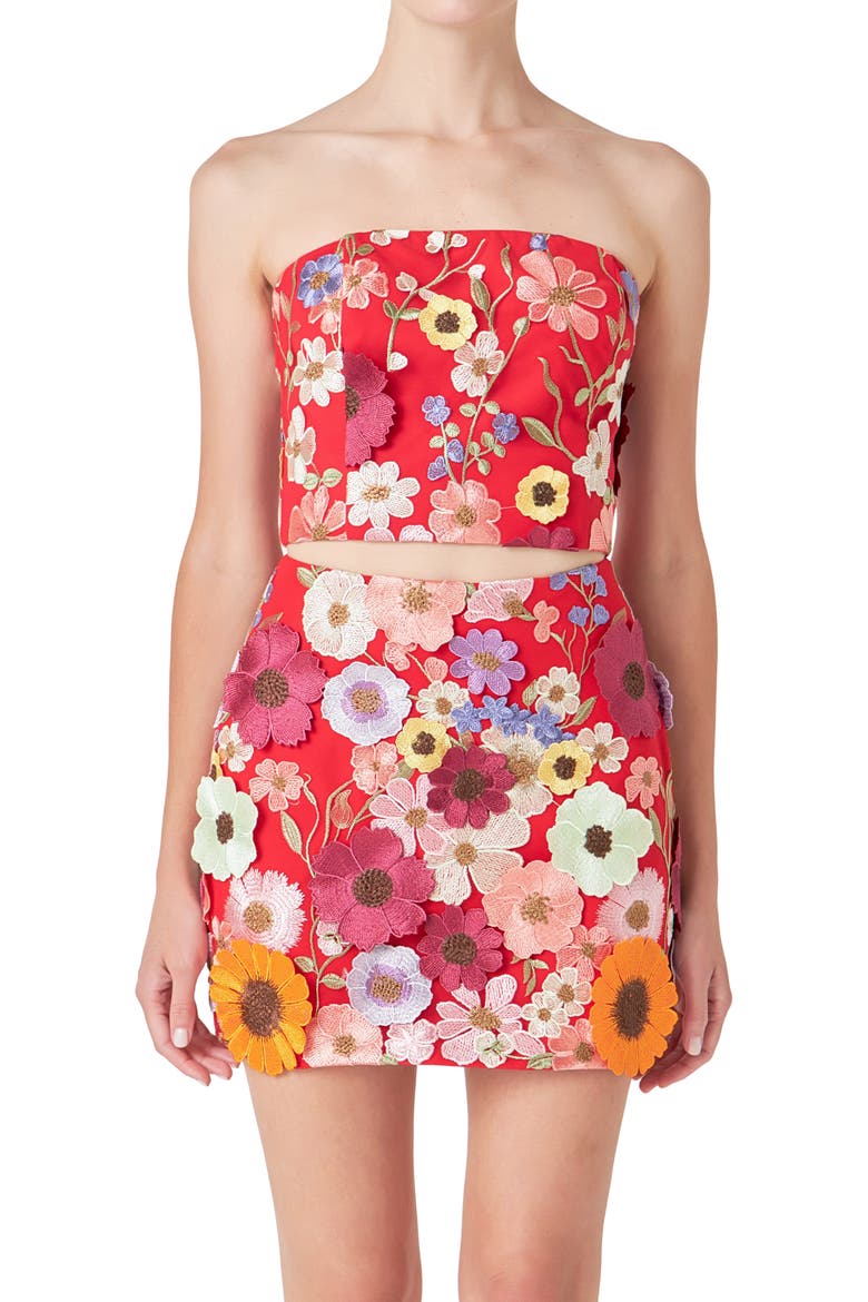 Floral Embroidered Strapless Top, Alternate, color, RED