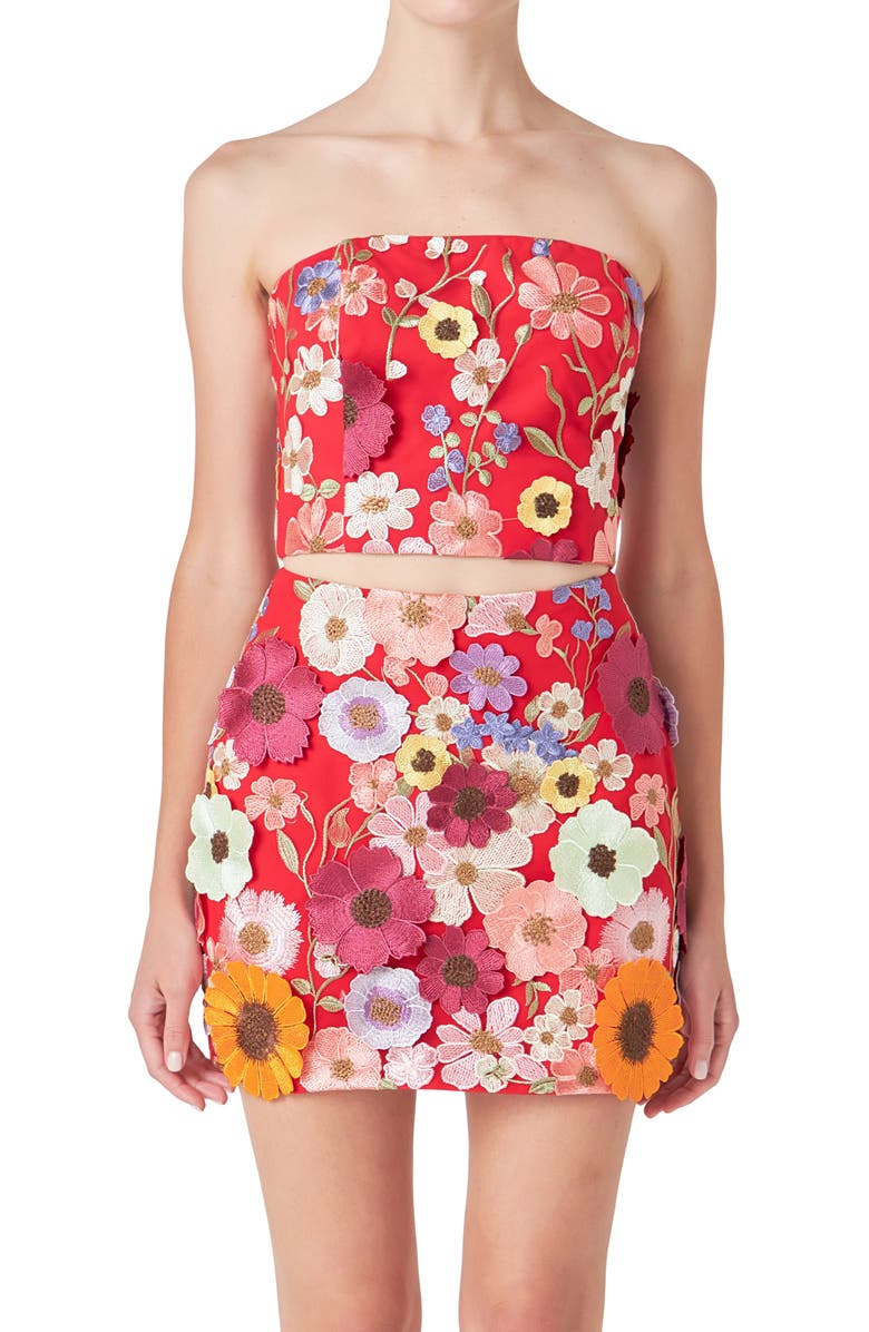 Endless Rose Floral Embroidered Strapless Top, Alternate, color, Red