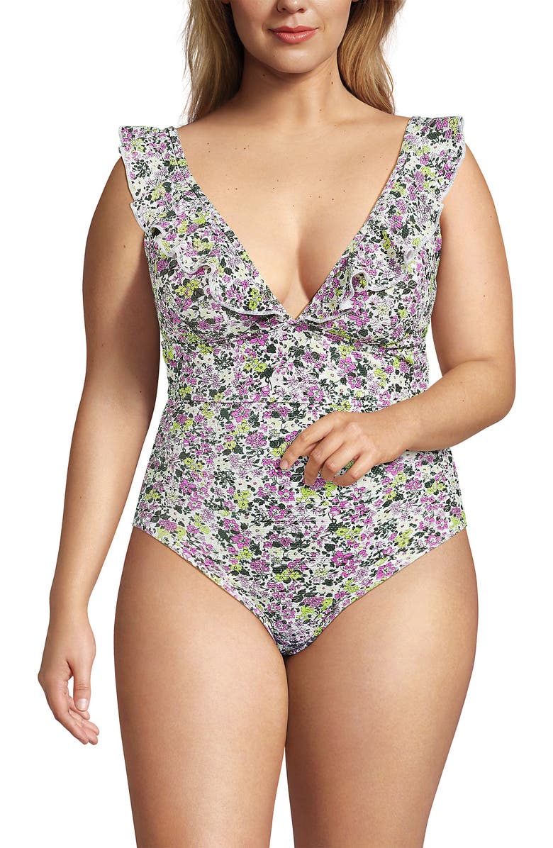 Lands' End Pique Ruffle One Piece Swimsuit, Alternate, color, White Multi Ditsy Floral