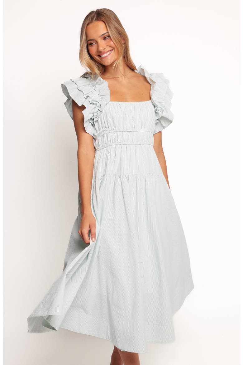 Linda Stripe Ruffle Sleeve Cotton Midi Dress, Alternate, color, GREEN STRIPE