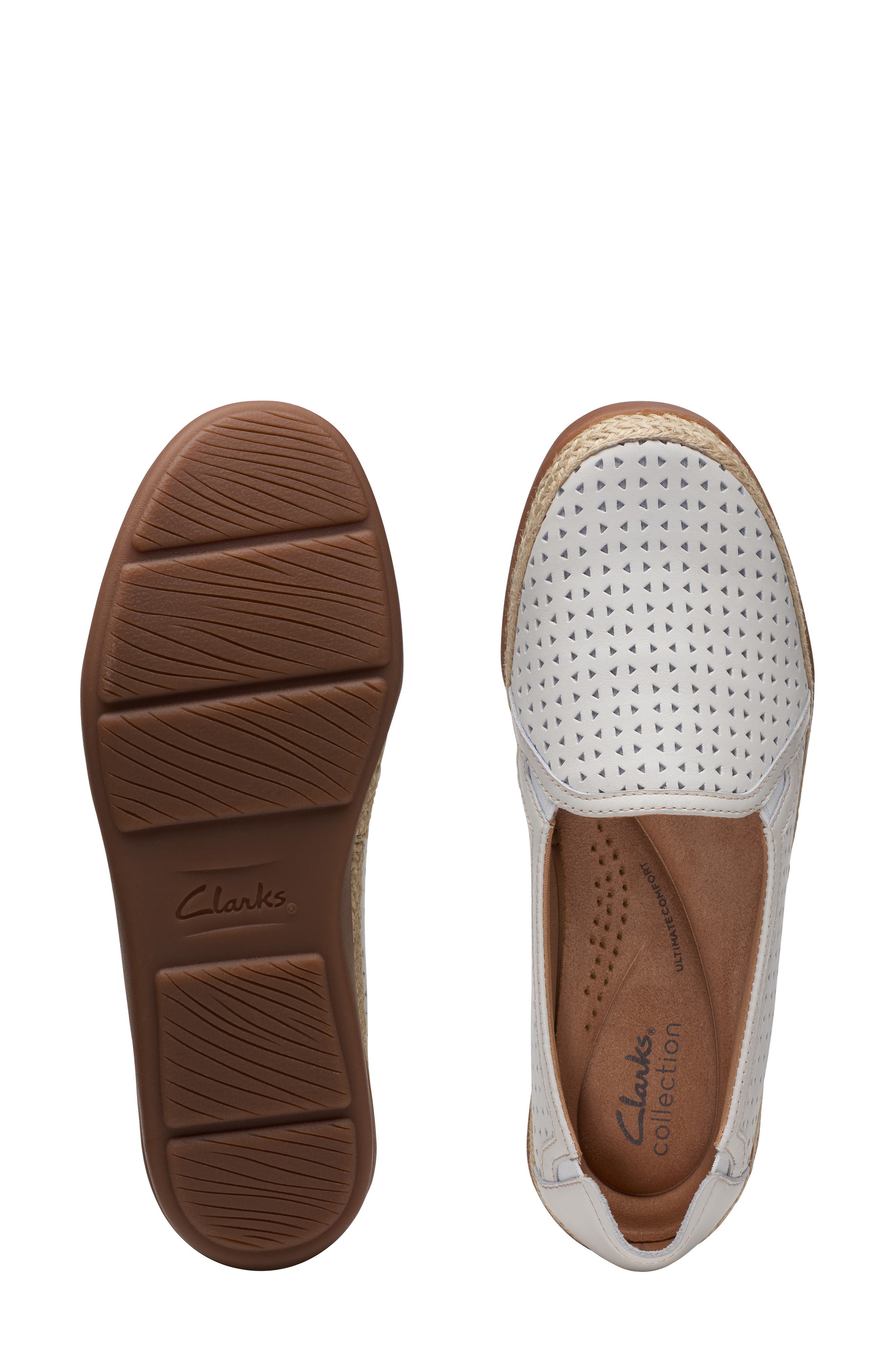 Clarks<sup>®</sup> Elaina Ruby Laser Cut Espadrille Flat - Wide Width Available, Alternate, color, White Leather