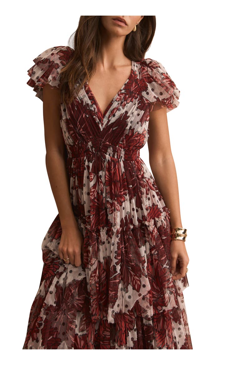 Floral Print Tulle Midi Dress, Alternate, color, Red