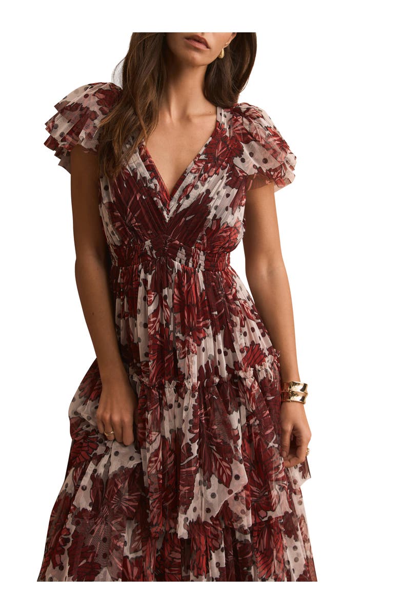 MINT VELVET Floral Print Tulle Midi Dress, Alternate, color, Red