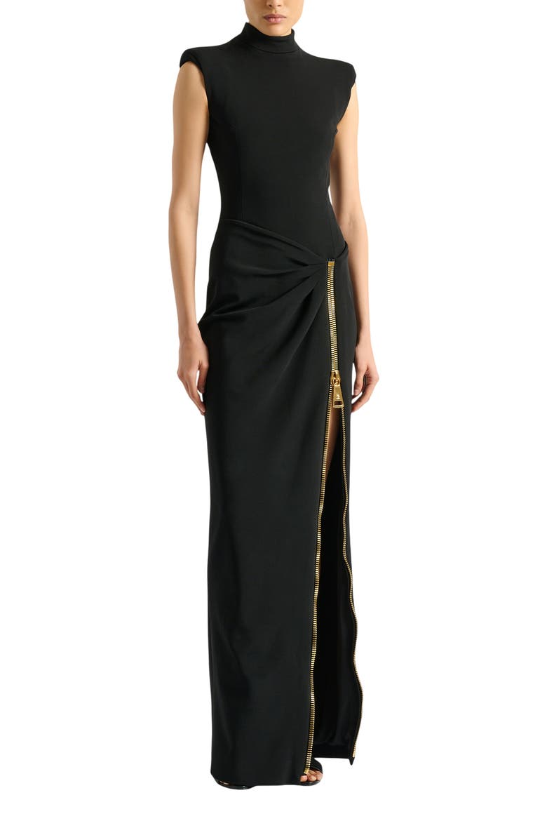 Long jersey dress with leg slit, Alternate, color, black