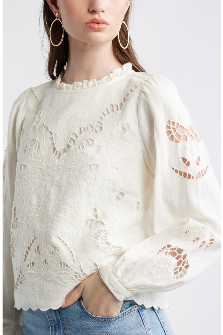 Open Floral Cutwork Linen Blend Top, Alternate, color, IVORY EGRET