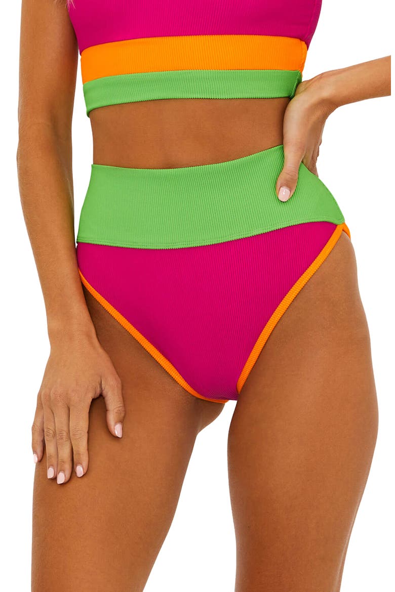 Emmy Colorblock High Waist Bikini Bottoms, Main, color, NEON SUNSET COLORBLOCK