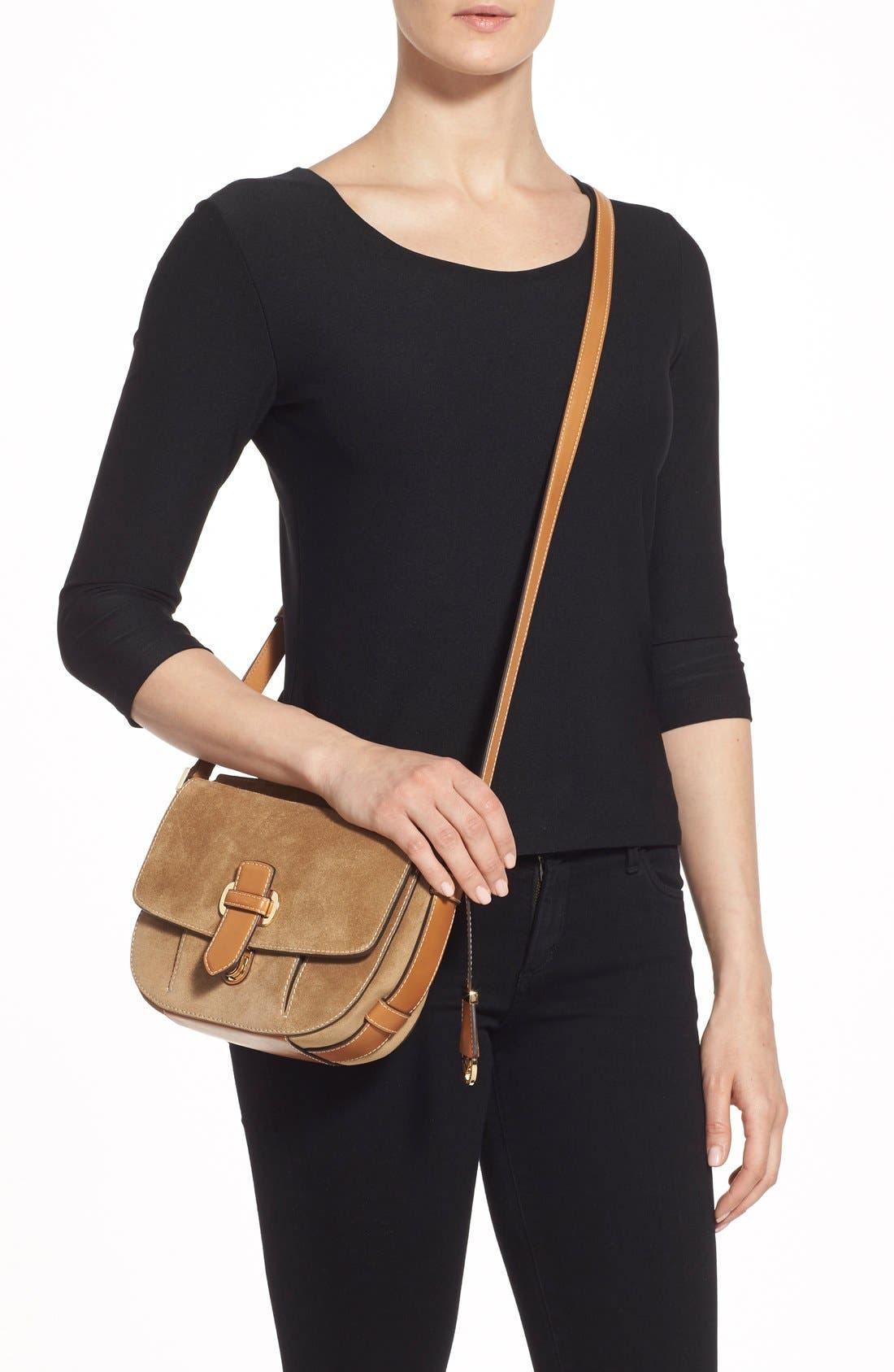 'Medium Romey' Suede Messenger Bag, Alternate, color, DESERT/ GOLD