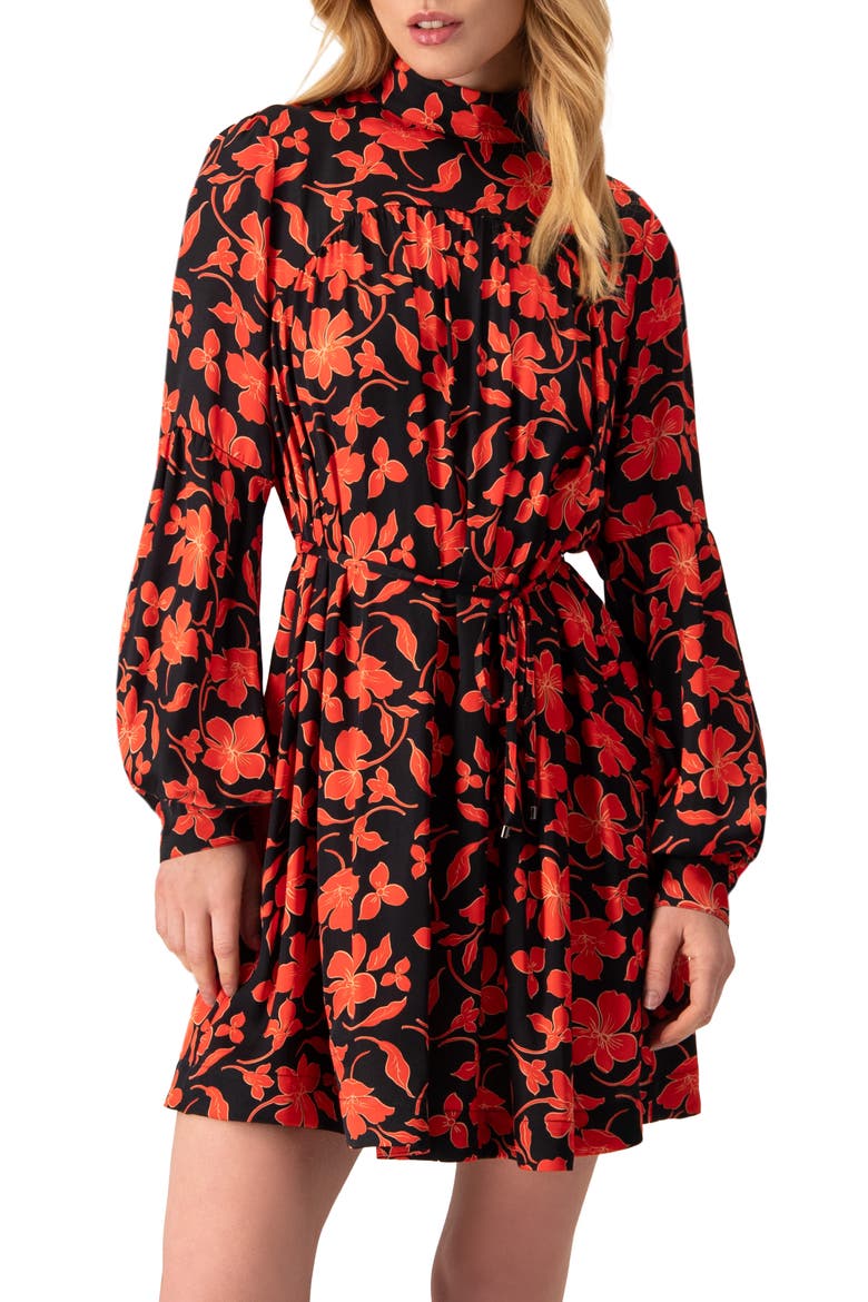 Black Mini Dress with Red Floral Print and Drawstring Waist, Main, color, Red