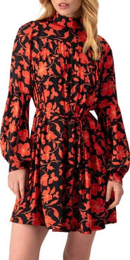 IVONNE Black Mini Dress with Red Floral Print and Drawstring Waist