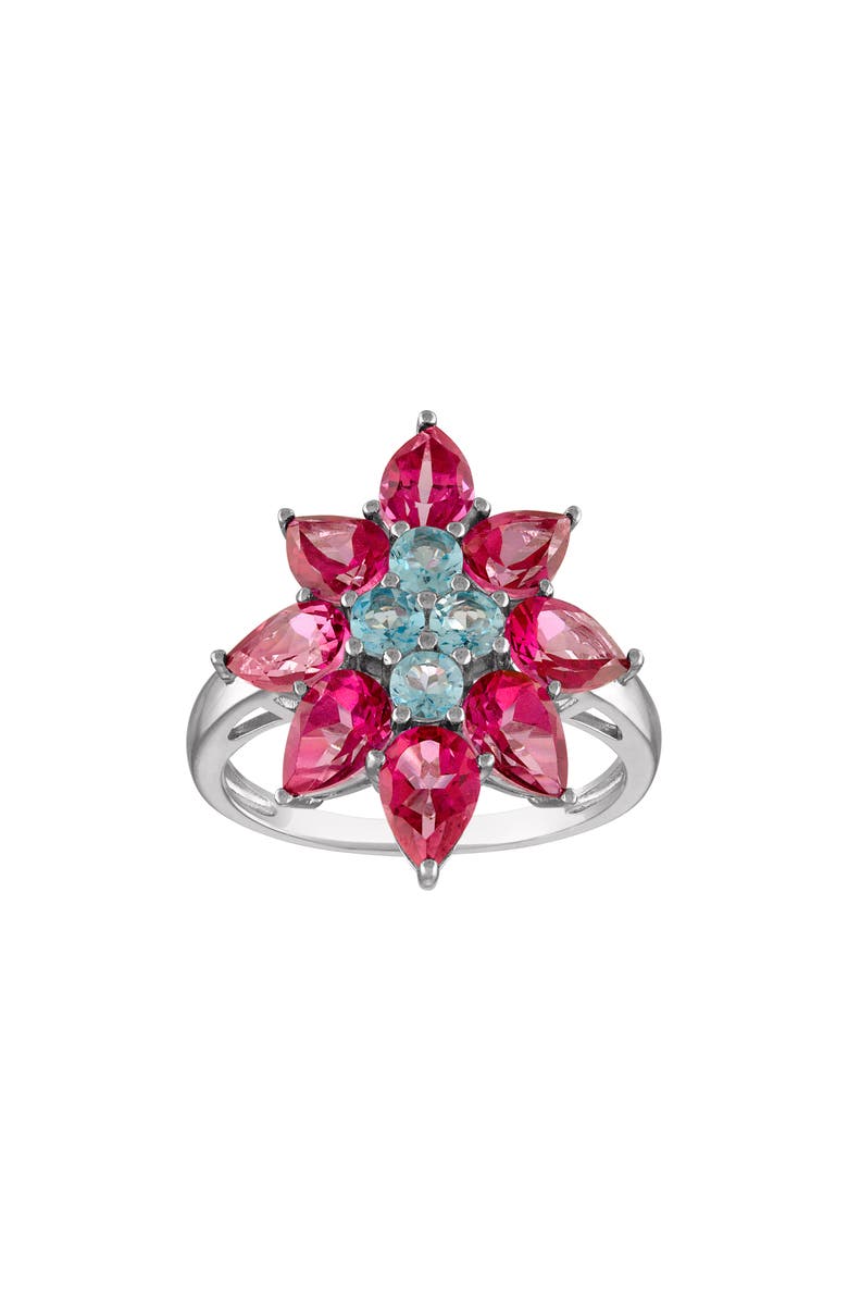 FZN Sterling Silver Pink & Blue Topaz Flower Ring, Main, color, White