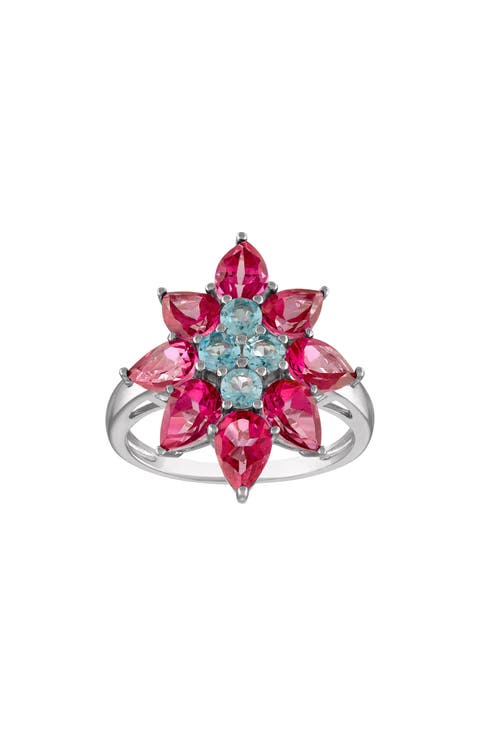 Sterling Silver Pink & Blue Topaz Flower Ring