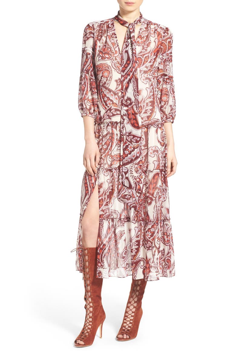 Tie Neck Peasant Midi Dress, Main, color, IVORY EGGNOG PAISLEY