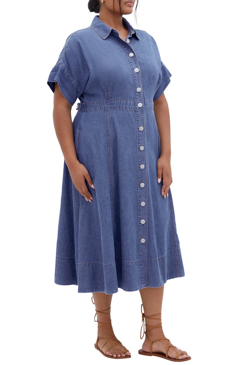 City Chic Cassidy Short Sleeve Denim Shirtdress, Alternate, color, Mid Wash