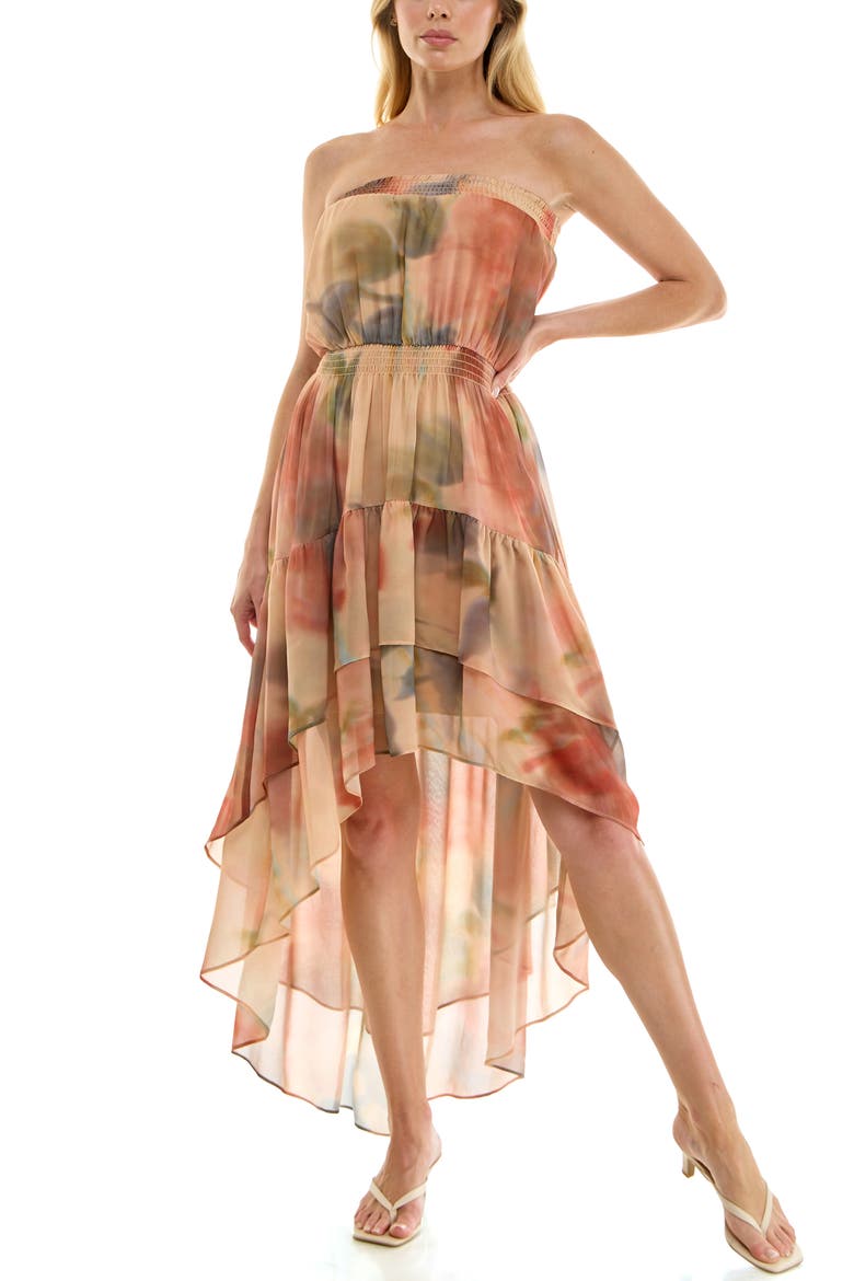 Abstract Print Strapless High-Low Tiered Midi Dress, Main, color, RUST/ BROWN
