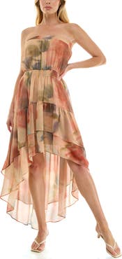 Socialite Abstract Print Strapless High-Low Tiered Midi Dress