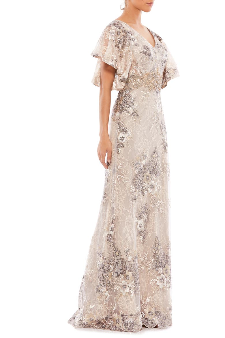 Flutter Sleeve Embellished Lace Trumpet Gown, Alternate, color, TAUPE