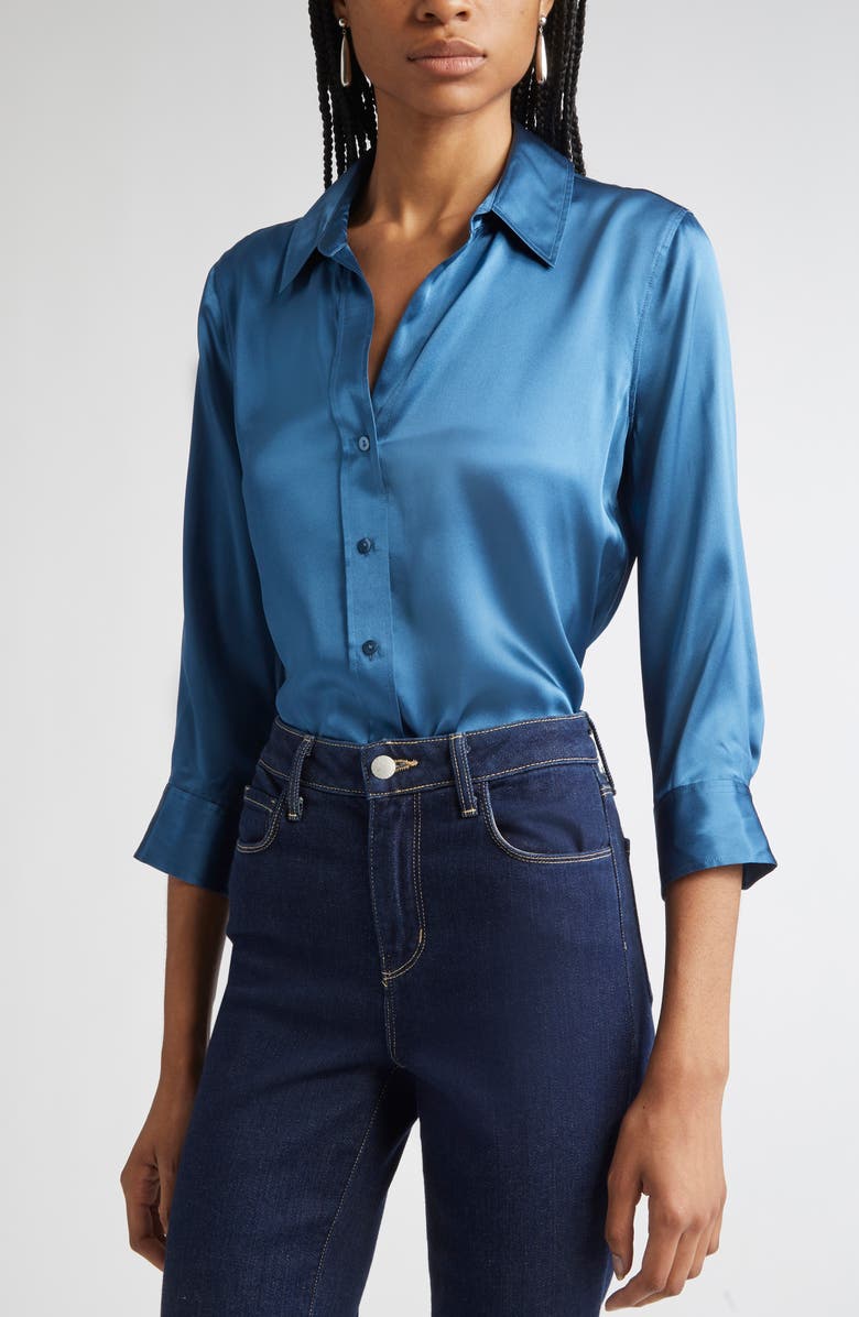 L'AGENCE Dani Silk Charmeuse Blouse, Main, color, Stone Blue