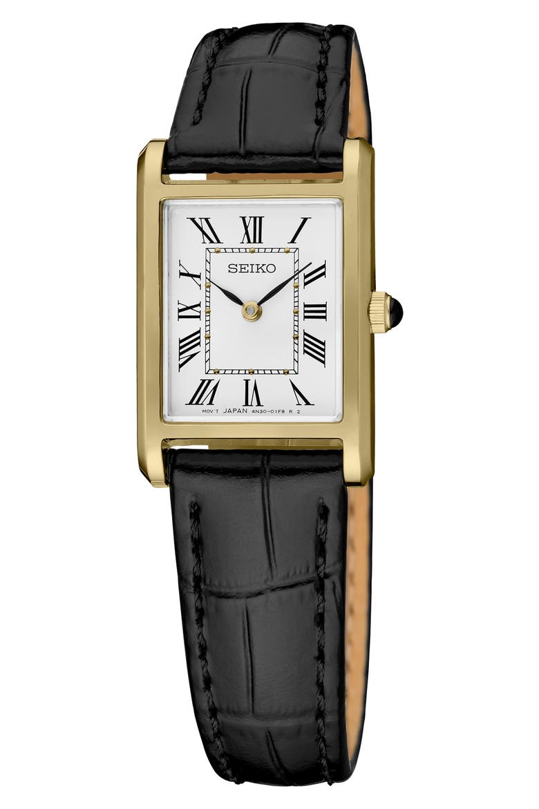 Essentials Tank Leather Strap Watch, 19.6mm x 29.4mm, Main, color, WHITE/ GOLDTONE/ BLACK