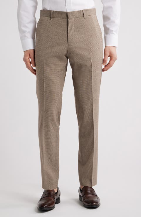 Genius Slim Fit Tan Microcheck Flat Front Stretch Dress Pants
