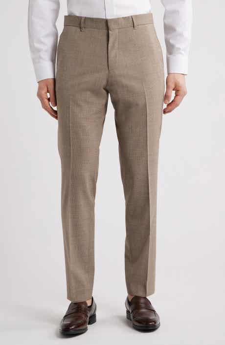 BOSS Genius Slim Fit Tan Microcheck Flat Front Stretch Dress Pants