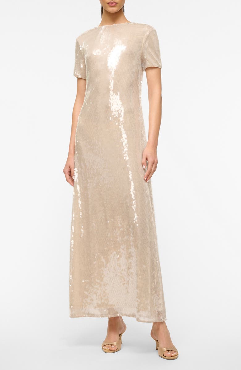 STAUD Safi Open Back Sequin Gown, Main, color, Moon