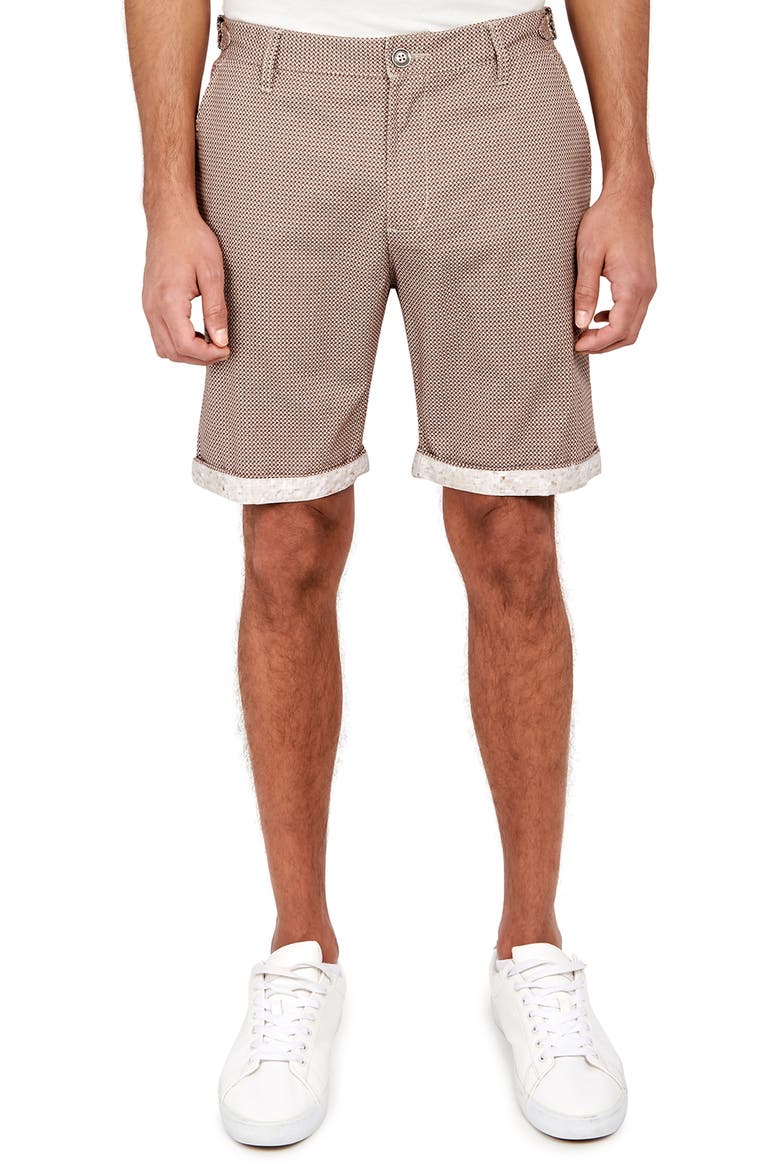 Slim Fit Downing Texture Print Flat Front Shorts, Main, color, BROWN