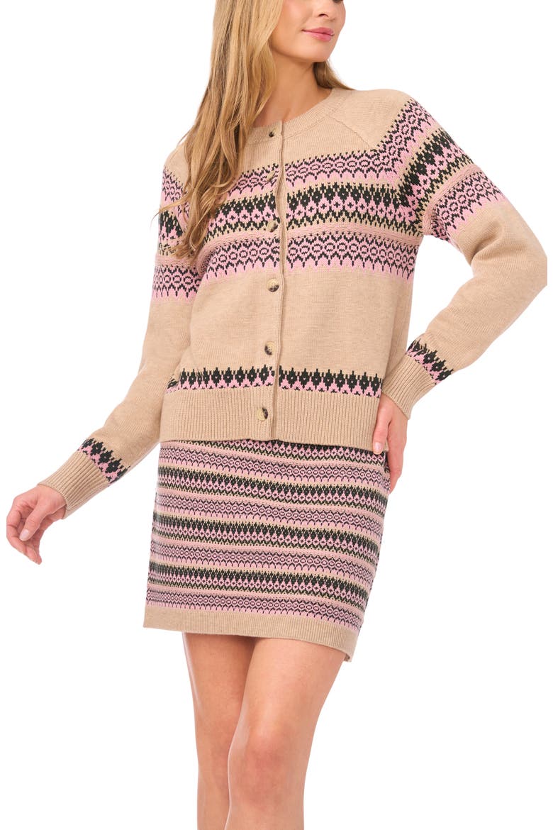 Fair Isle Stripe Cardigan, Alternate, color, BISCUIT HEATHER