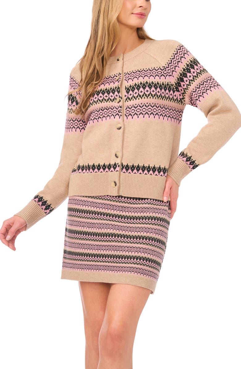 CeCe Fair Isle Stripe Cardigan, Alternate, color, Biscuit Heather