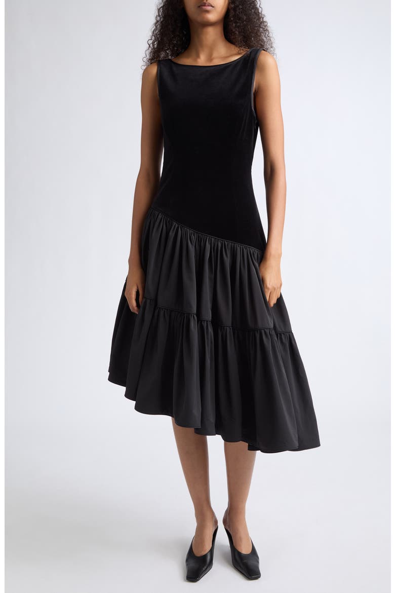 Dean Velvet & Silk Blend Taffeta Asymmetric Midi Dress, Main, color, BLACK