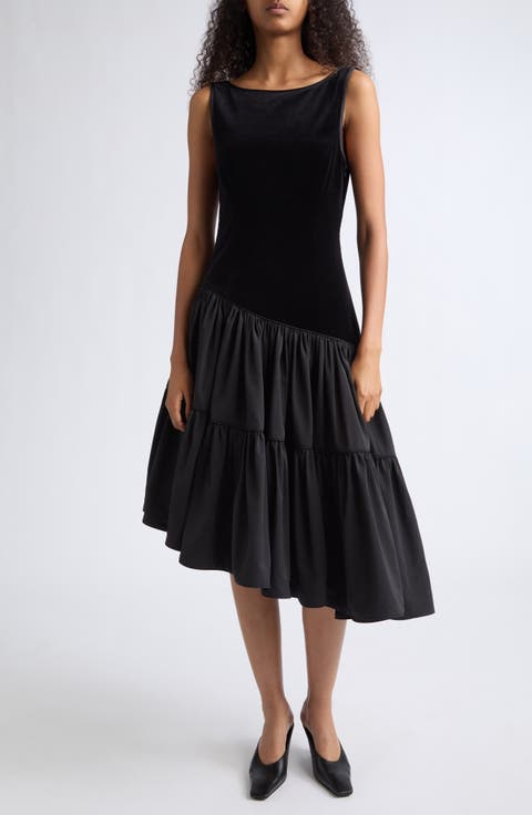 Dean Velvet & Silk Blend Taffeta Asymmetric Midi Dress
