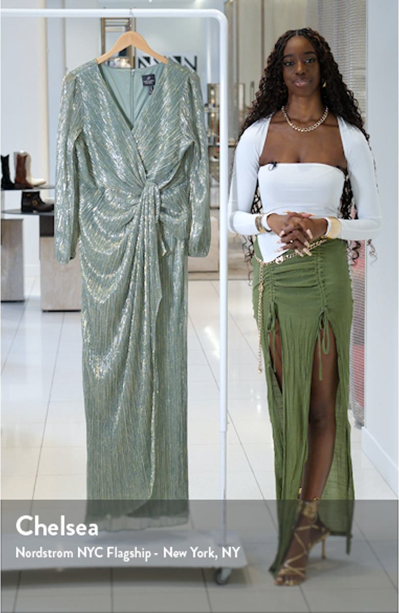 Metallic Long Sleeve Mesh Evening Gown, sales video thumbnail