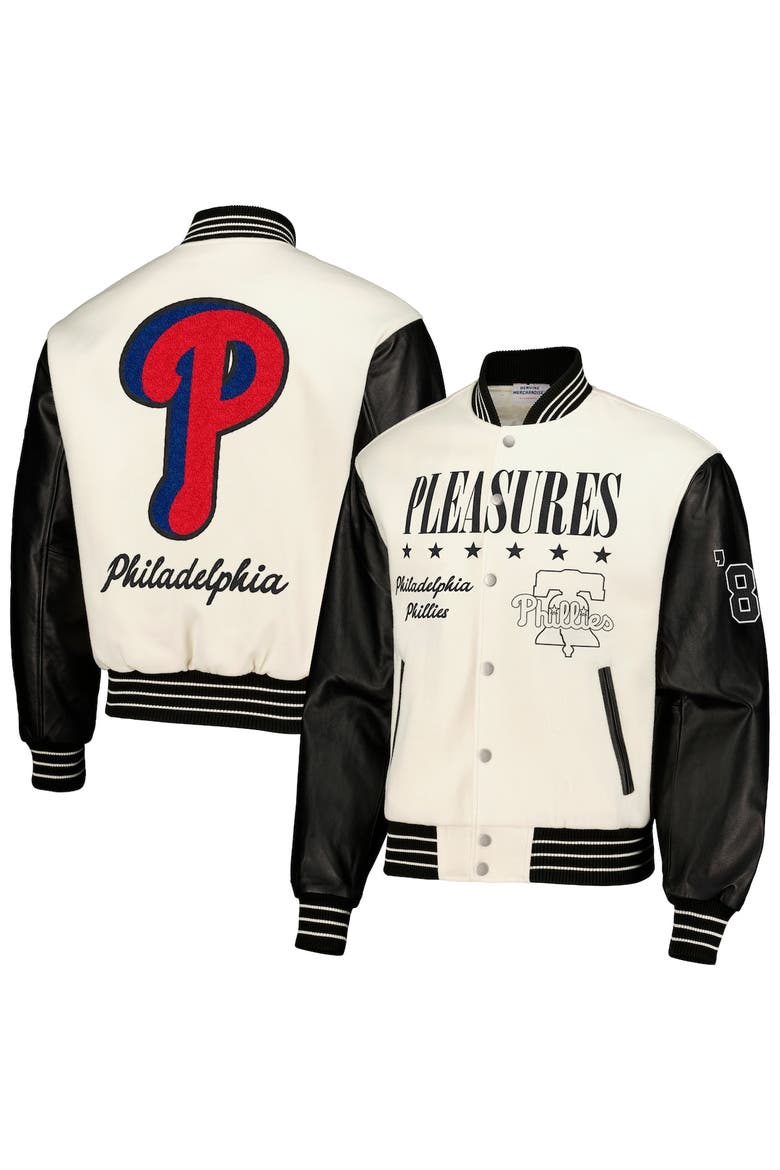 Men's PLEASURES White Philadelphia Phillies Full-Snap Varsity Jacket, Main, color, White