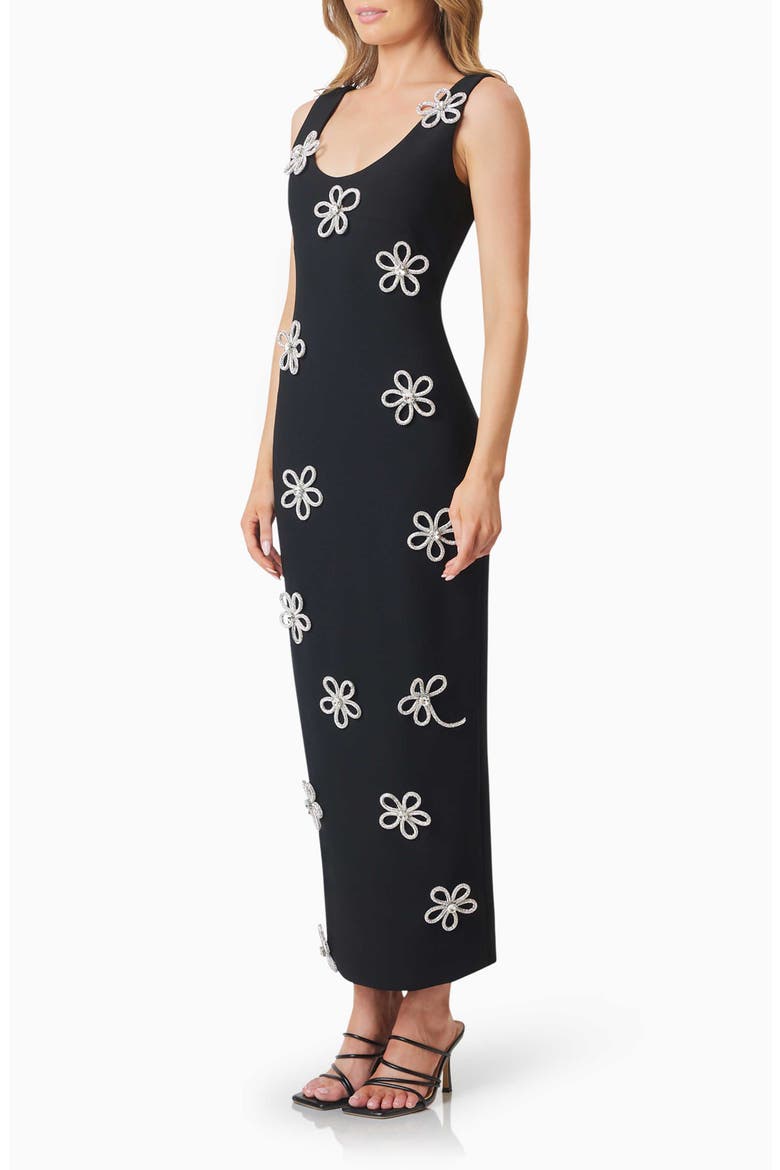Delia Diamante Floral Appliqué Body-Con Gown, Alternate, color, BLACK