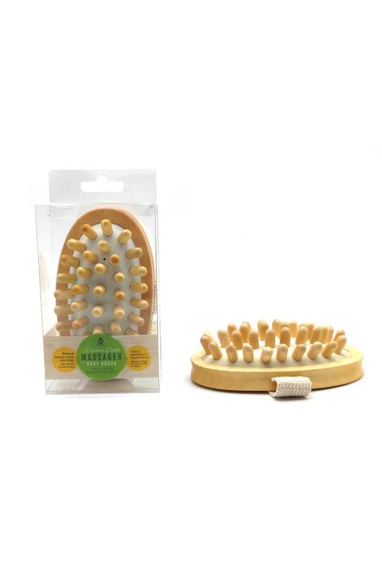 PURSONIC Boar Bristle Bath Brush & Rubber Massager with Lotus Wooden Handle, Main, color, Ivory
