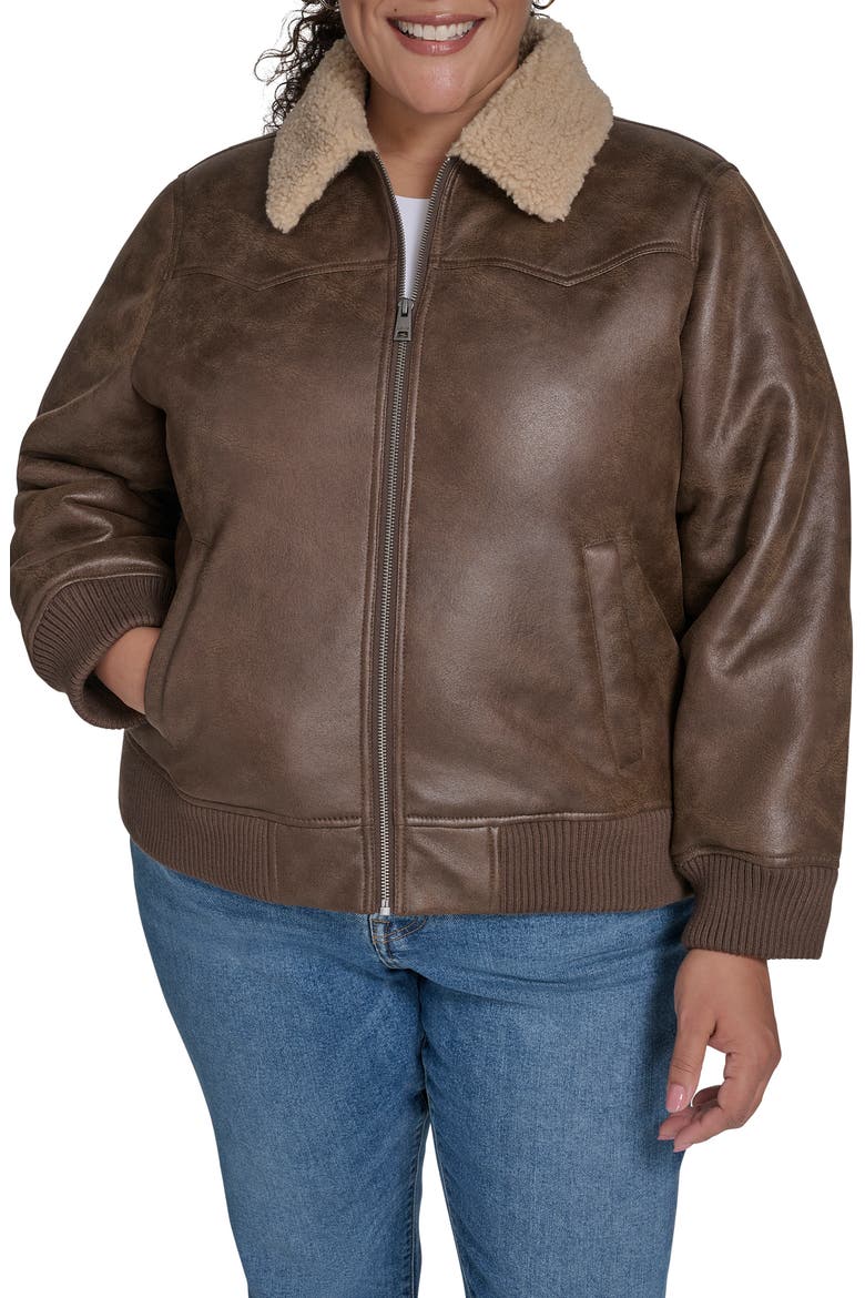 Faux Shearling Trim Faux Leather Western Bomber Jacket, Main, color, COFFEE