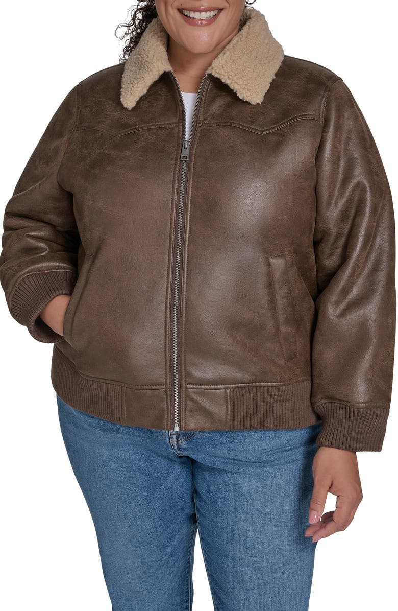 Levi's<sup>®</sup> Faux Shearling Trim Faux Leather Western Bomber Jacket, Main, color, Coffee