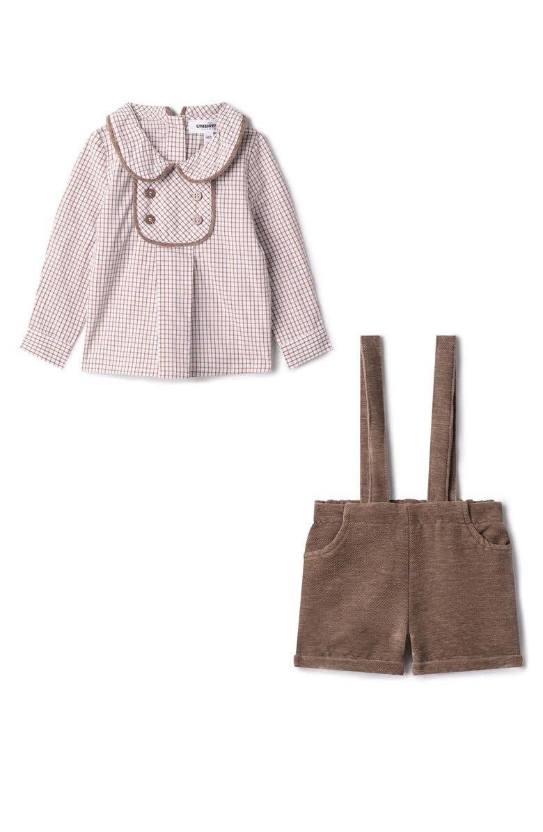 The Umbrella Academy Boy Velvet Checkered Long Sleeve Shirt & Adjustable Strap Overall 2-Piece Set, Main, color, Taupe