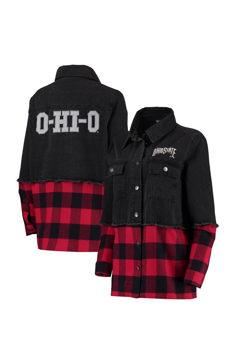 THE WILD COLLECTIVE Women's The Wild Collective Black/Scarlet Ohio State Buckeyes Denim Flannel Stitch Button-Up Shirt, Alternate, color, 