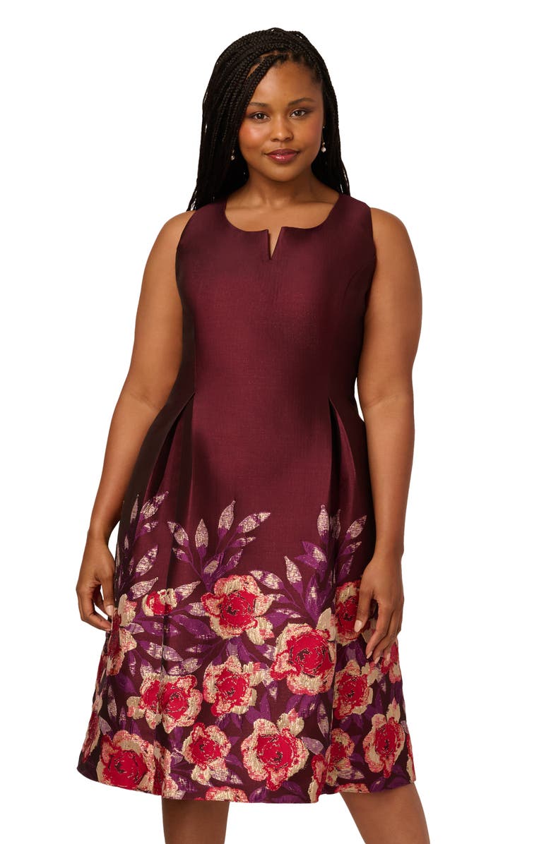 Adrianna Papell Pleated Jacquard Cocktail Dress, Alternate, color, Plum Multi