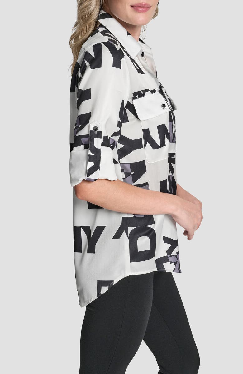 DKNY Roll-Tab Cuff Button-Up Shirt, Alternate, color, White/ Black