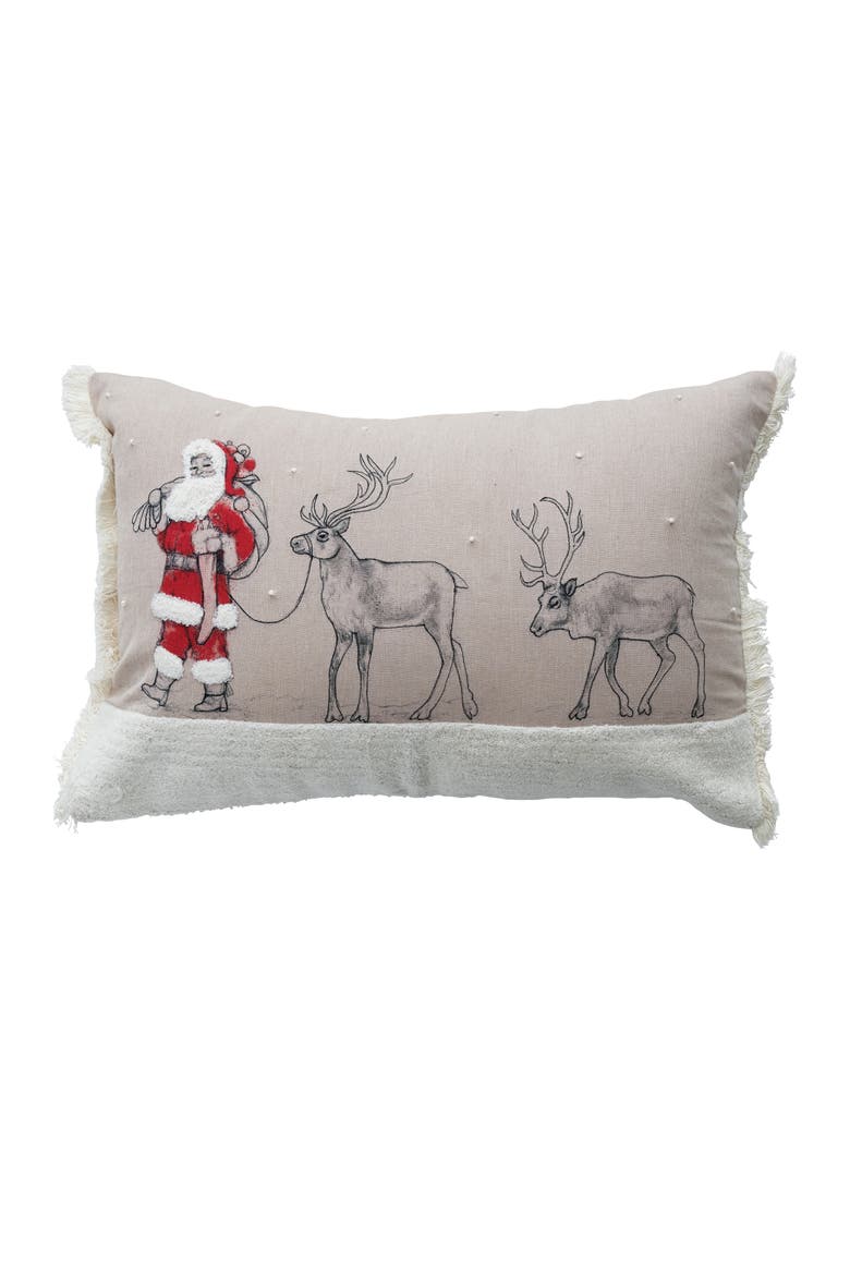 Chambray Printed Lumbar Pillow with Santa Leading Reindeer Image, Multicolor, Main, color, Multicolor