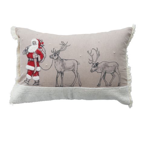 Chambray Printed Lumbar Pillow with Santa Leading Reindeer Image, Multicolor