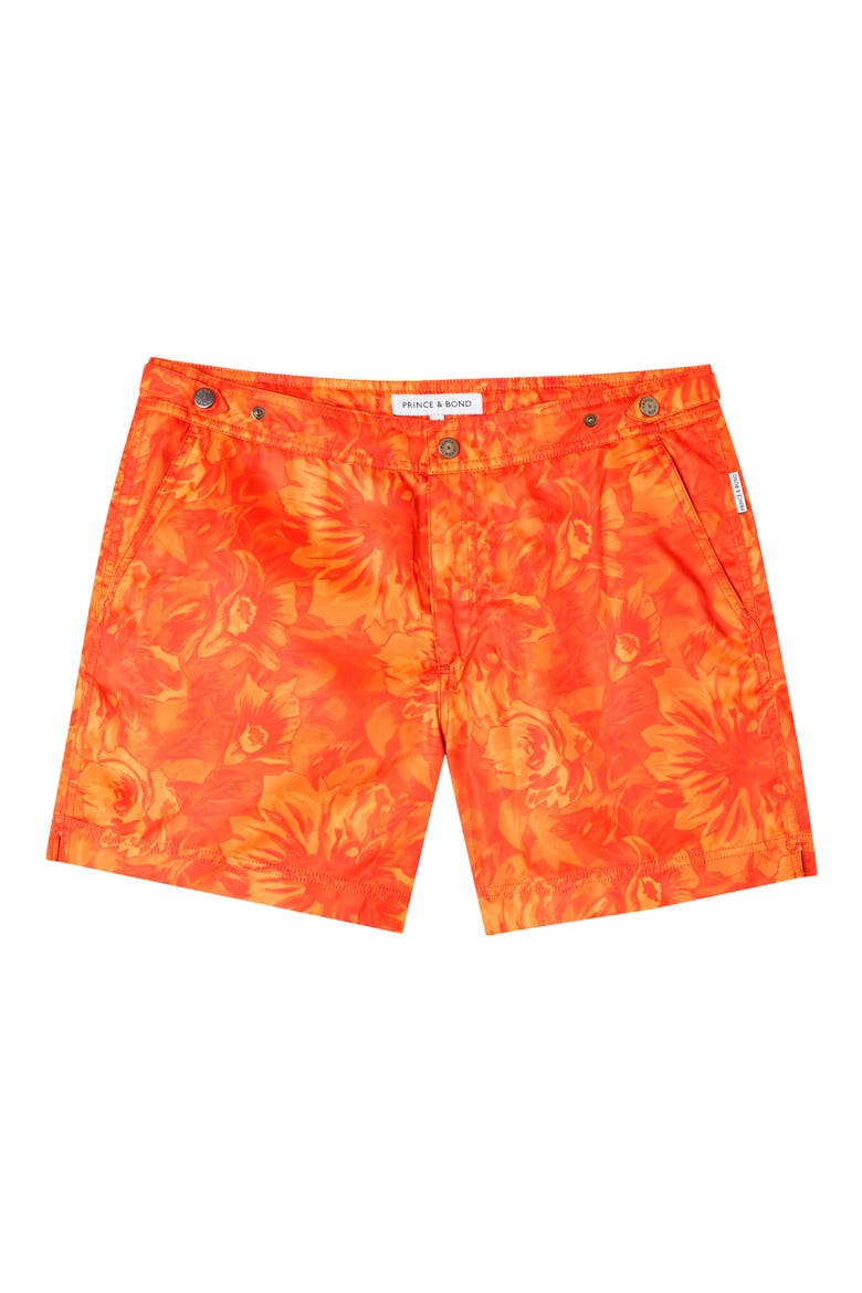 Elvio 5.5" Sunburst Floral Nylon Swim Trunks, Alternate, color, ORANGE
