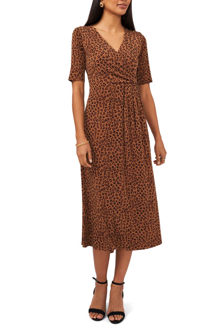 Print Faux Wrap Midi Dress, Main, color, SPICEWOOD