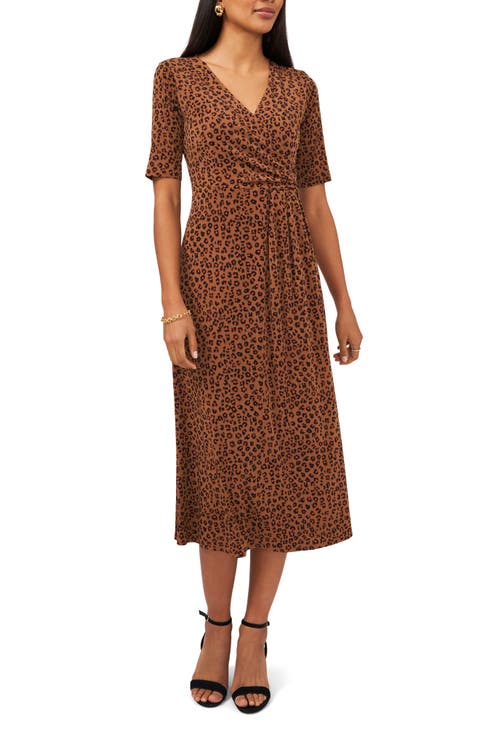 Print Faux Wrap Midi Dress