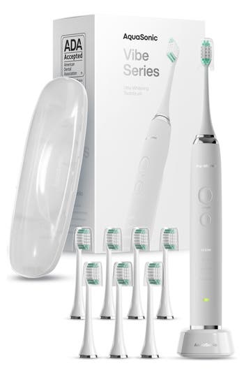 Aquasonic Vibe Series Charcoal Gray Ultrasonic Whitening Toothbrush With 8 Dupont Brush Heads & Trav In Optic White