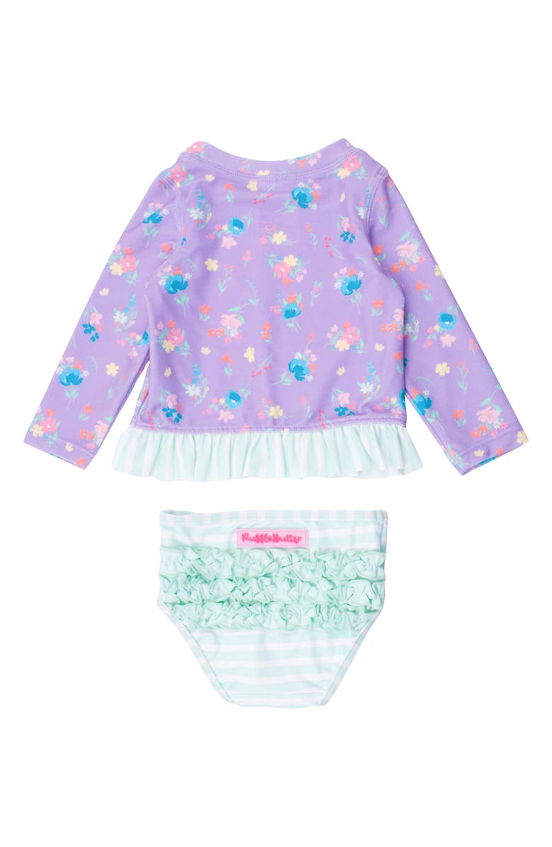 RuffleButts Purple Garden Ruffle Long Sleeve UPF 50+ Two-Piece Rashguard Swimsuit, Alternate, color, Purple