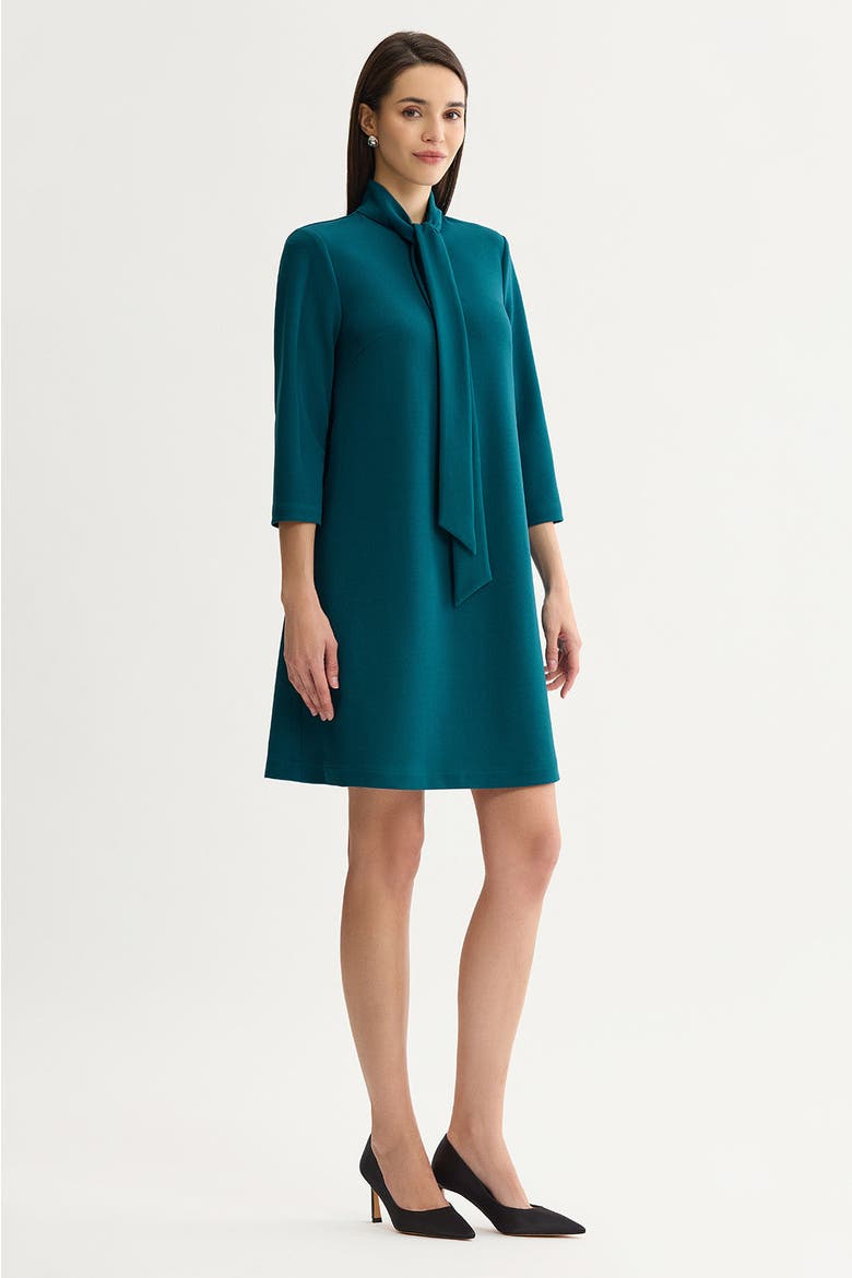 Stretch Deco Crepe Tie Neck Tent Dress, Alternate, color, Deep Teal
